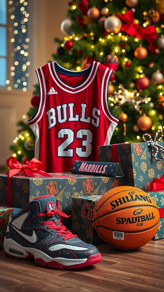 A collection of basketball gifts for Christmas, including a jersey and shoes, under a Christmas tree.